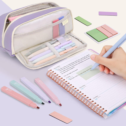 COZCLAM 32pcs School Supplies Aesthetic with Purple Pencil Case, 12 Pastel Highlighters, 5 Black Gel Pens, 6 Color Pencils, 5 Bookmarks, and Sticky Notes, Aesthetic School Stuff Clean Girl School Accessories