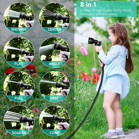 Flexible garden hose 30m with 8 function garden hand spray nozzle. Flexible garden hose 3/4 inch & 1/2 inch with hose hook storage bag. Water hose for garden, pet, car wash. Black.