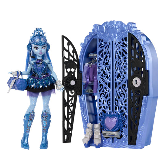 Monster High Skulltimate Secrets doll and accessory set, Monster Mysteries Abbey Bominable with wardrobe and over 19 surprises including outfits, HXH87.
