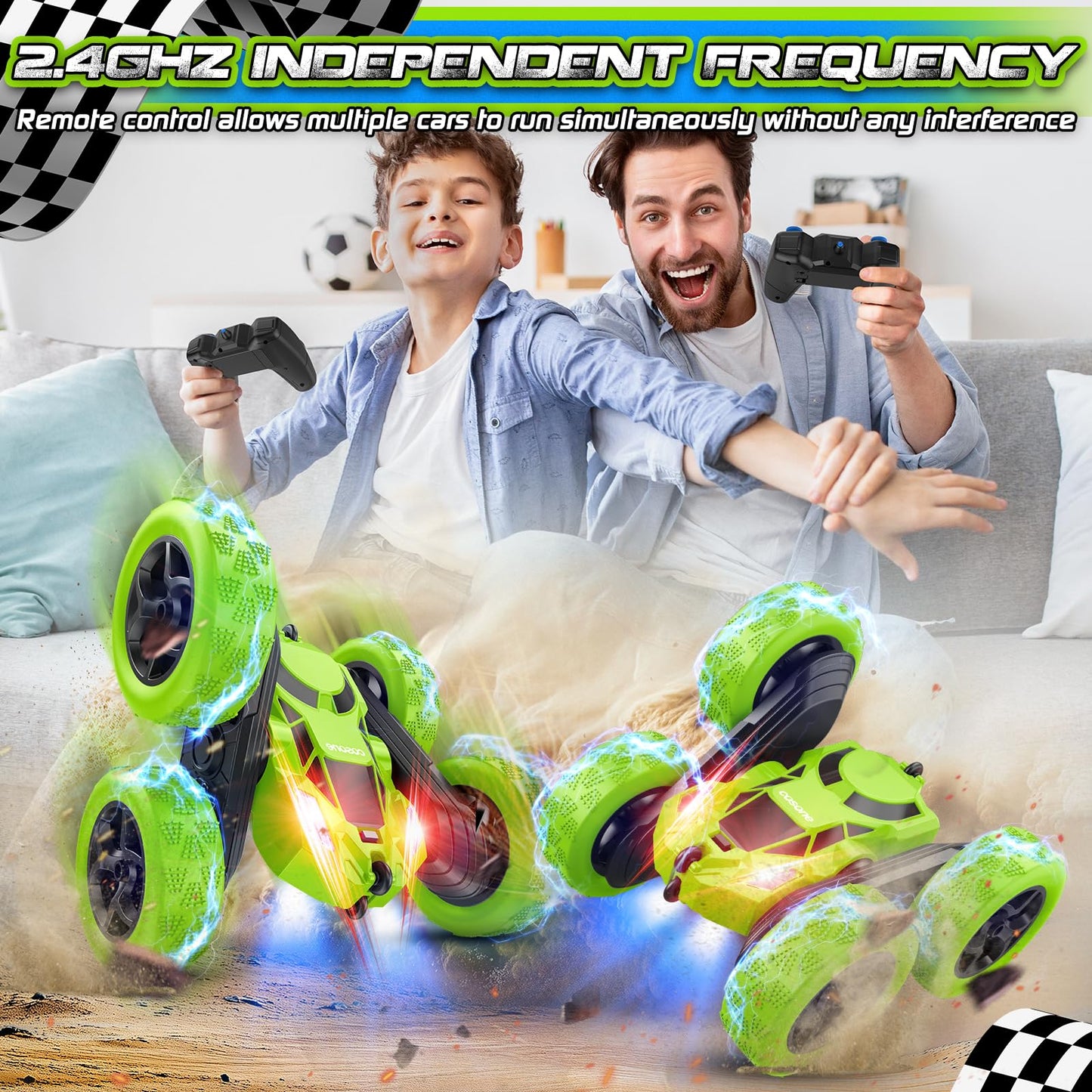 Cosone Remote Control Cars, RC Cars Stunt Car, 2.4 GHz, remote control toy cars for boys, All-wheel off-road stunt car, double-sided, 360° rotating, gifts for kids ages 6 and up (Green)
