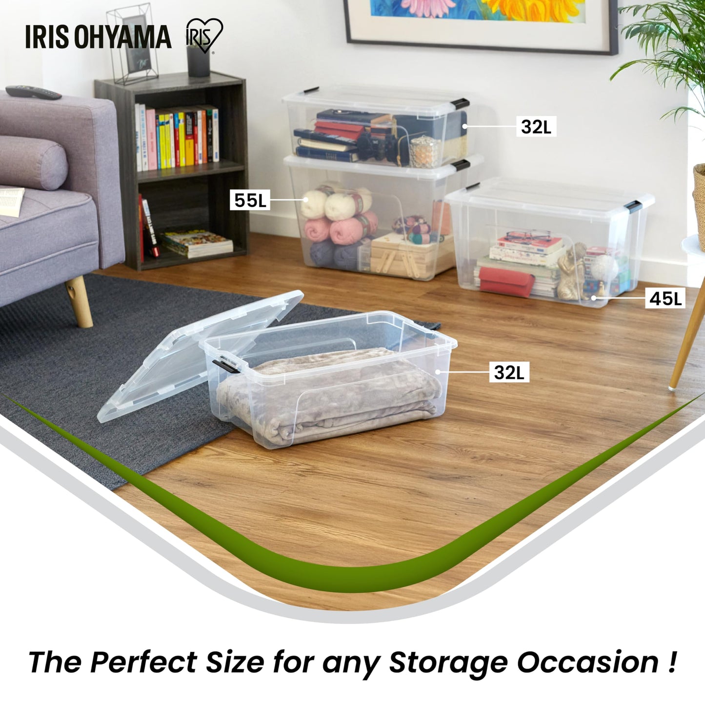 Iris Ohyama airtight plastic storage boxes with lids, 30L, set of 4, Transparent, Hermetic watertight seal, Strong snap locks, Stackable, Dust protection, BPA-free, WSB-30.
