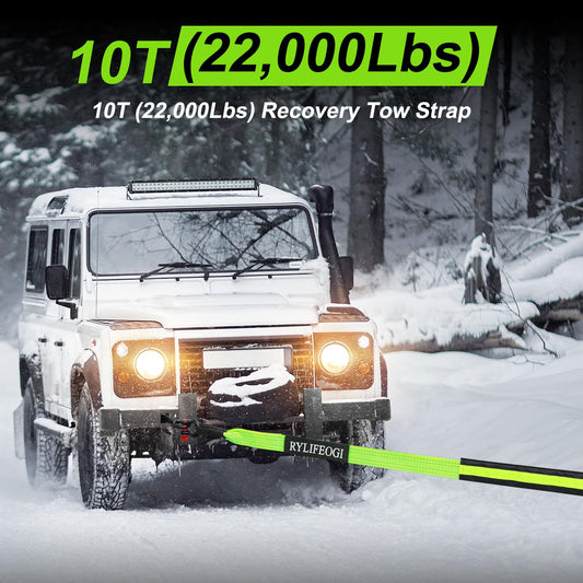 RYLIFEOGI Tow Rope 10 Tons (22,000Lbs), 5mx5cm Heavy Duty Tow Strap with 2 Reinforced Hooks 2 Gloves for Off-Road Vehicles (Green)
