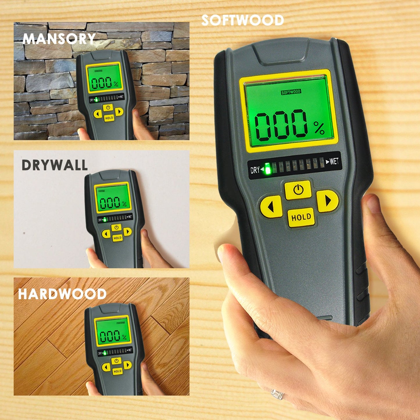 4-in-1 moisture meter without pins with digital LCD display featuring tricolor graphics for drywall, masonry, softwood, and hardwood with auto calibration & alarm.