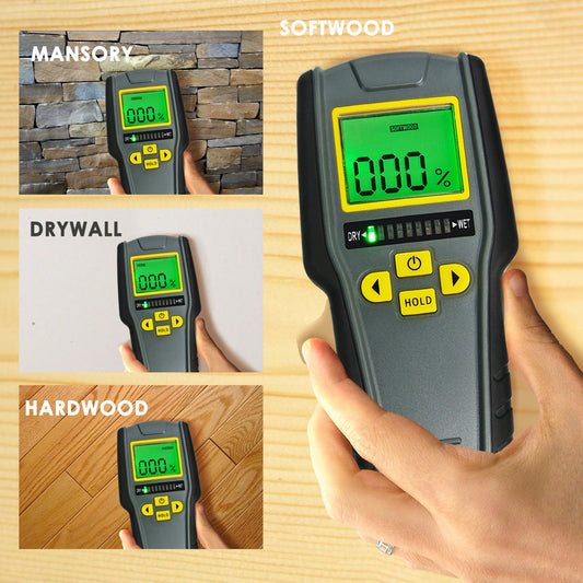 4-in-1 moisture meter without pins with digital LCD display featuring tricolor graphics for drywall, masonry, softwood, and hardwood with auto calibration & alarm.