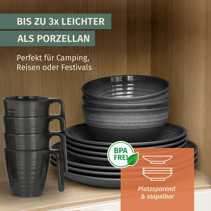 Melamine Camping Tableware Set for 4 Persons in Stone Grey Color, including 4 Stone Coffee Cups. Ideal for picnics, BBQs, and outdoor cooking.
