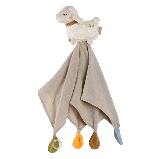 Fehn Cuddle Cloth Sheep Nature - Playmate & cuddly toy comfort blanket made of organic cotton - with pacifier attachment for babies & toddlers from 0+ months.