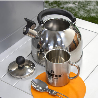 Milestone Camping Unisex-Adult Whistling Kettle, tea pot, coffee pot, indoor/outdoor camping hiking picnic, stainless steel, 22x21x18