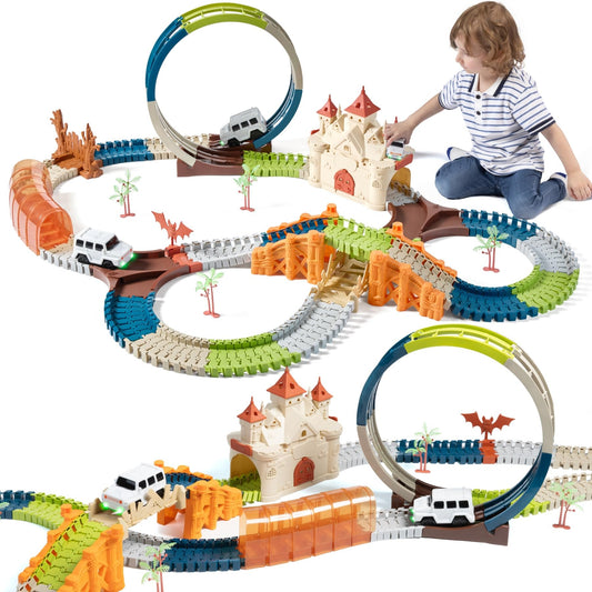TUMAMA Children's Race Track Toy, gift for kids 3 4 5 6 7 years old. Racing toy, track toy vehicles with Magic House, Tunnel, 2 light-up electric cars.