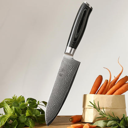 Wakoli Mikata Damascus knife Santoku 17 cm blade I made of 67 layers I Damascus kitchen knife and professional chef's knife made of real Damascus steel with Micarta handle