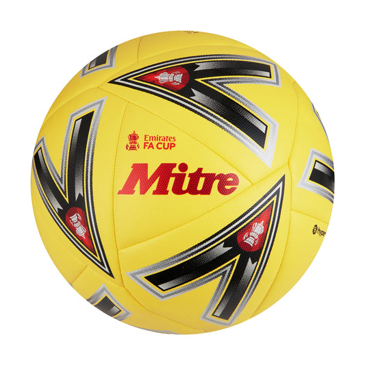 Mitre Match FA Cup soccer ball 22/23, yellow/black/red, size 30.