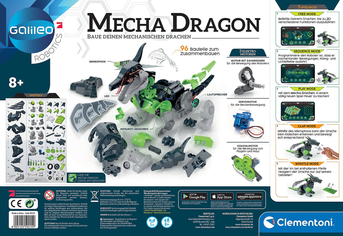 Clementoni Galileo Robotics - Mecha Dragon, dragon robot model kit, 3 motors, sensors & app control, electronic toy for kids ages 8 and up 59215