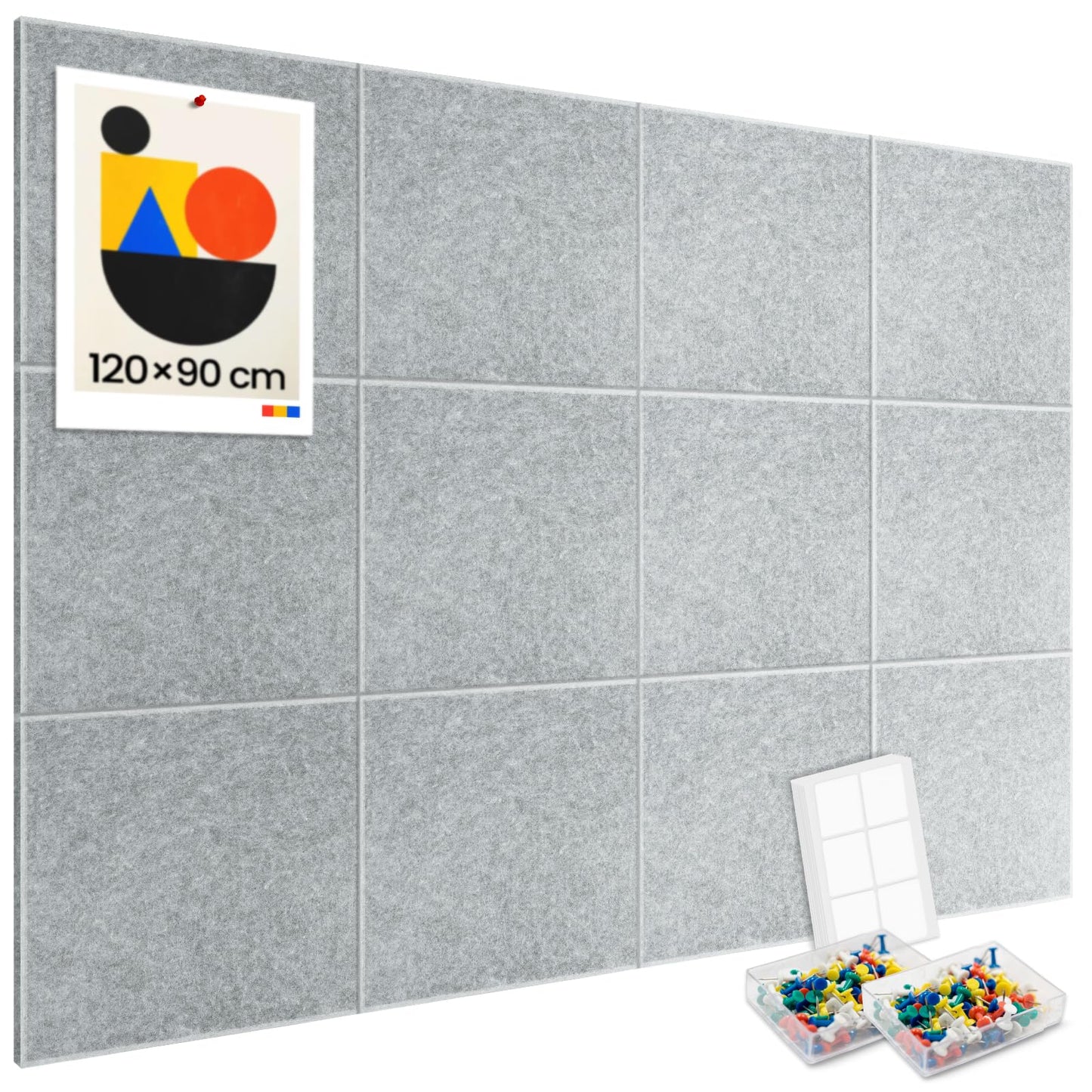 Large cork bulletin board for wall 120x90cm, 12 pack of felt wall tiles with 60 push pins, 50 secure removable adhesive tabs, decorative pin board for office, school, and leisure.
