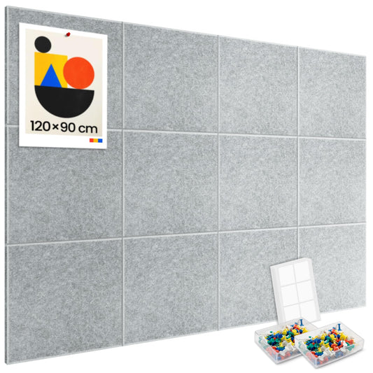 Large cork bulletin board for wall 120x90cm, 12 pack of felt wall tiles with 60 push pins, 50 secure removable adhesive tabs, decorative pin board for office, school, and leisure.