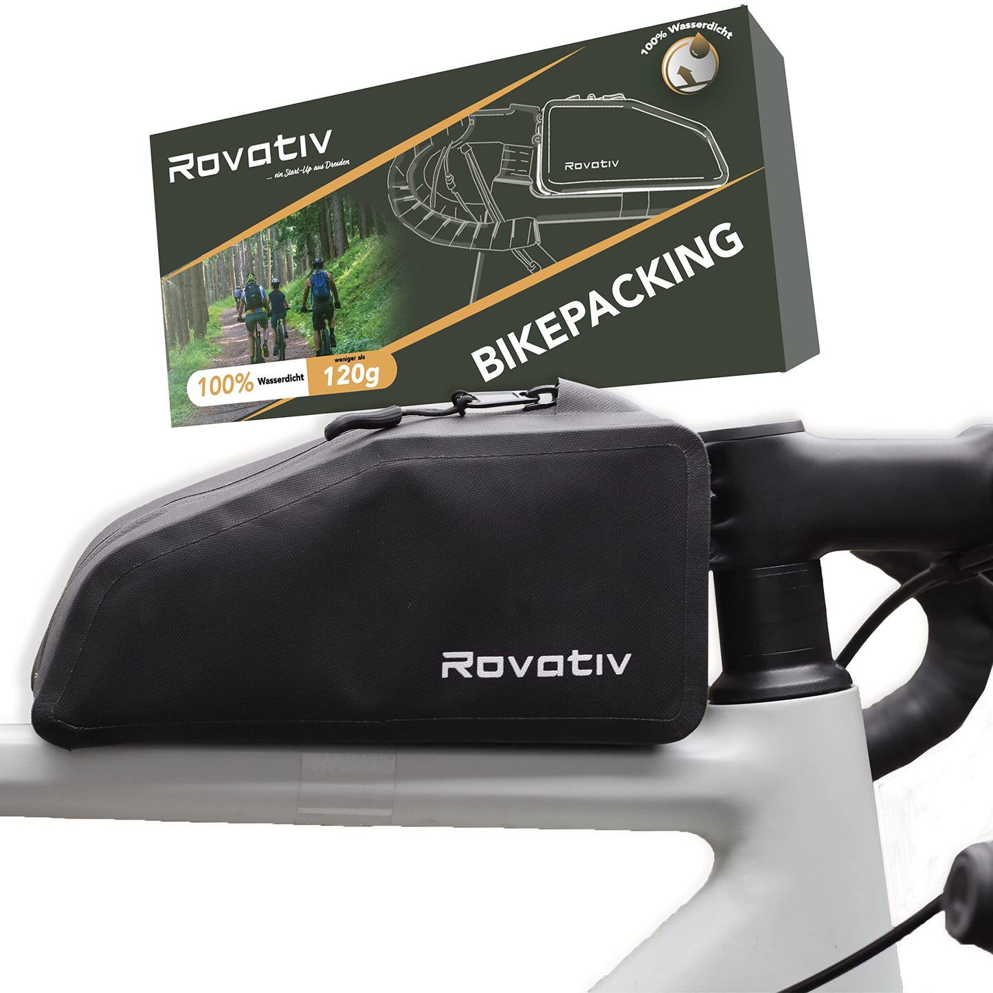 Rovativ® bolt-on bikepacking top tube bag [1 liter] 100% waterproof - frame bag for gravel bike, road bike, and MTB.