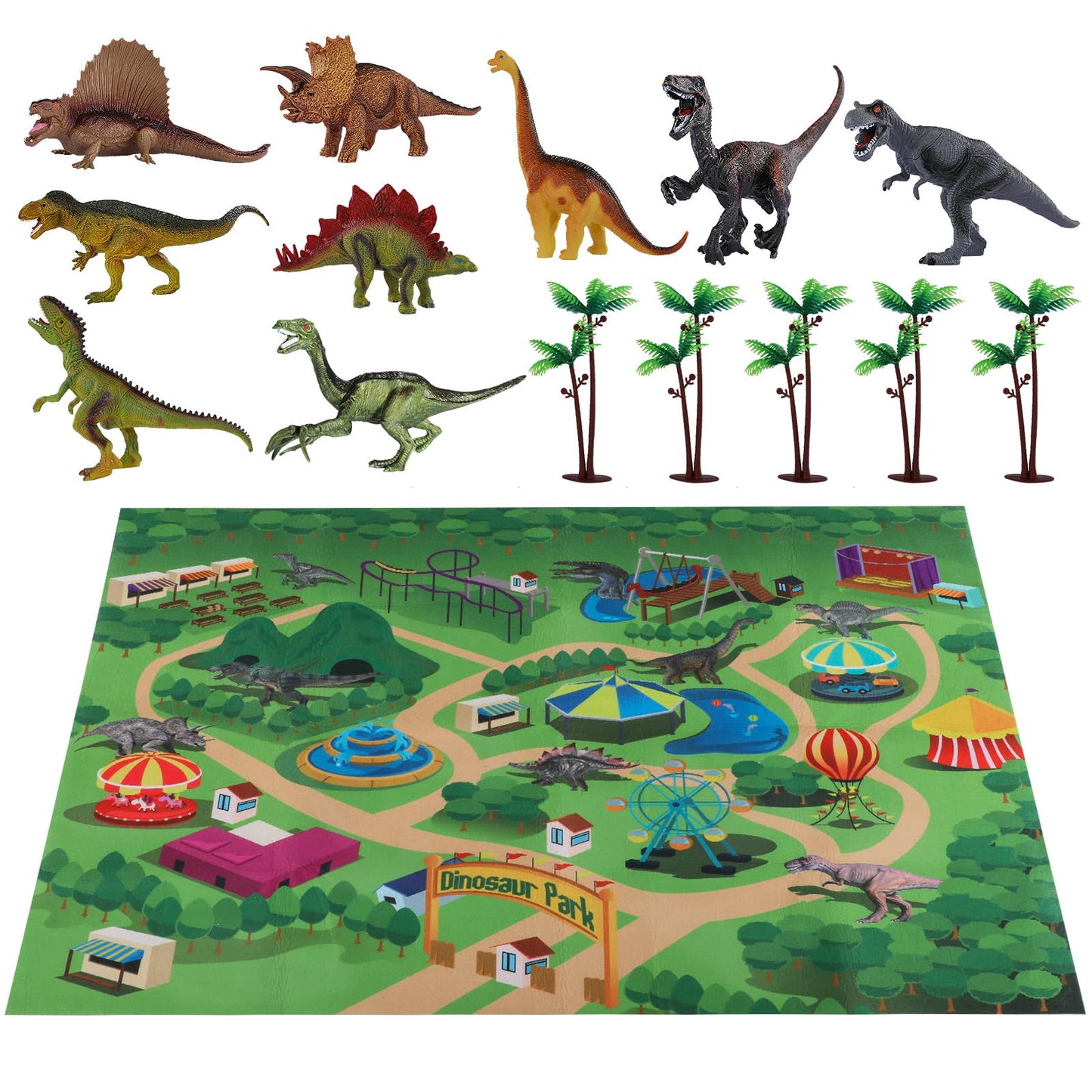 TEMI Dinosaur Toy Figure with Activity Play Mat & Trees, educational realistic Dinosaur playset to create a Dino World featuring T-Rex, Triceratops, Velociraptor for kids 3+