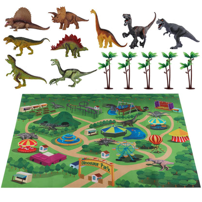 TEMI Dinosaur Toy Figure with Activity Play Mat & Trees, educational realistic Dinosaur playset to create a Dino World featuring T-Rex, Triceratops, Velociraptor for kids 3+