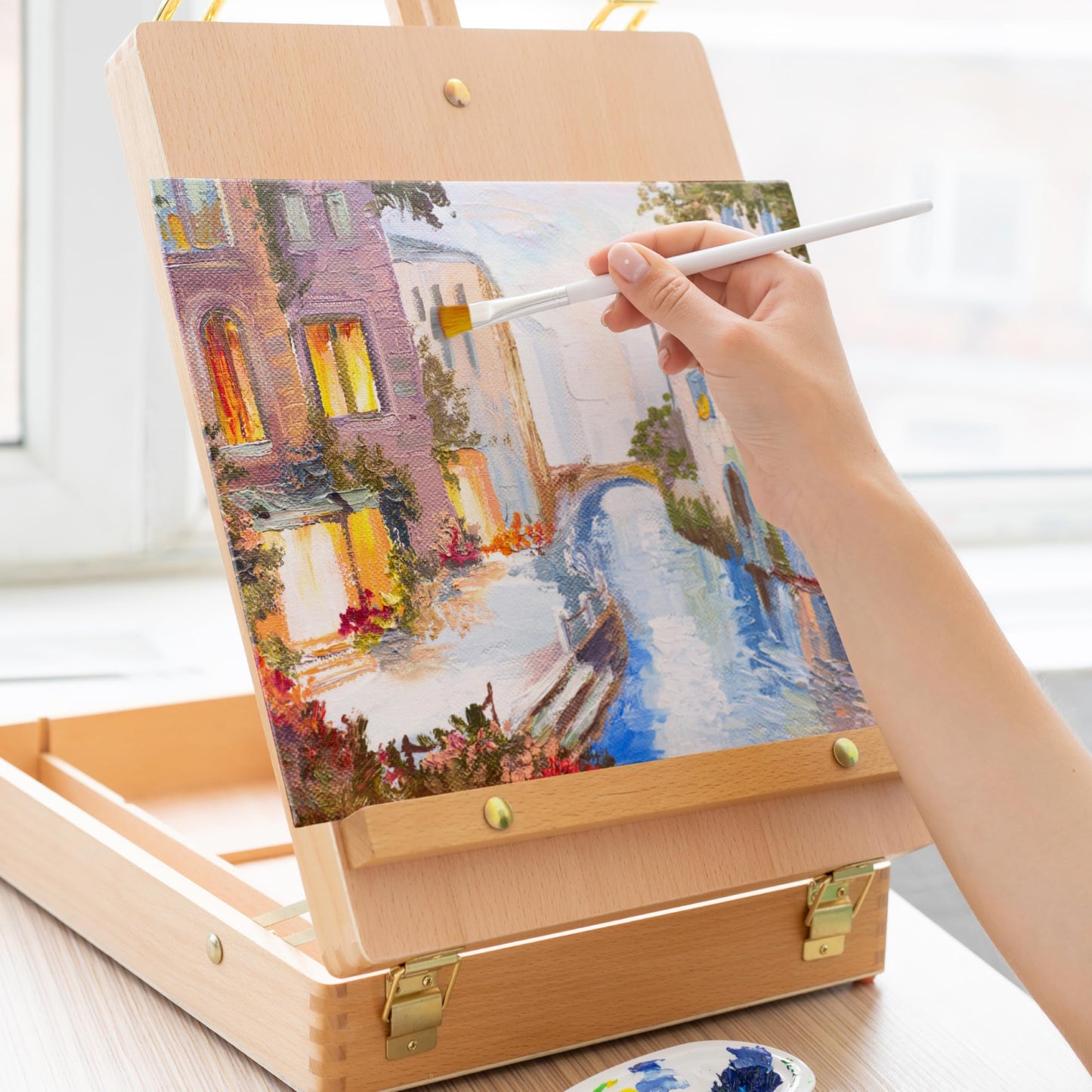 Easel with oil paint set - painting kit 41 pieces: 24 tubes of oil paint 3 canvases to paint on 1 painting pad 10 brushes 1 painting spatula 1 palette 1 table easel Zenacolor
