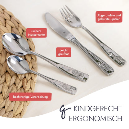 WMF children's cutlery with name engraving, stainless steel, 4-piece, dishwasher safe - gift for christening, christening gifts for girls and boys, children's cutlery with engraving.