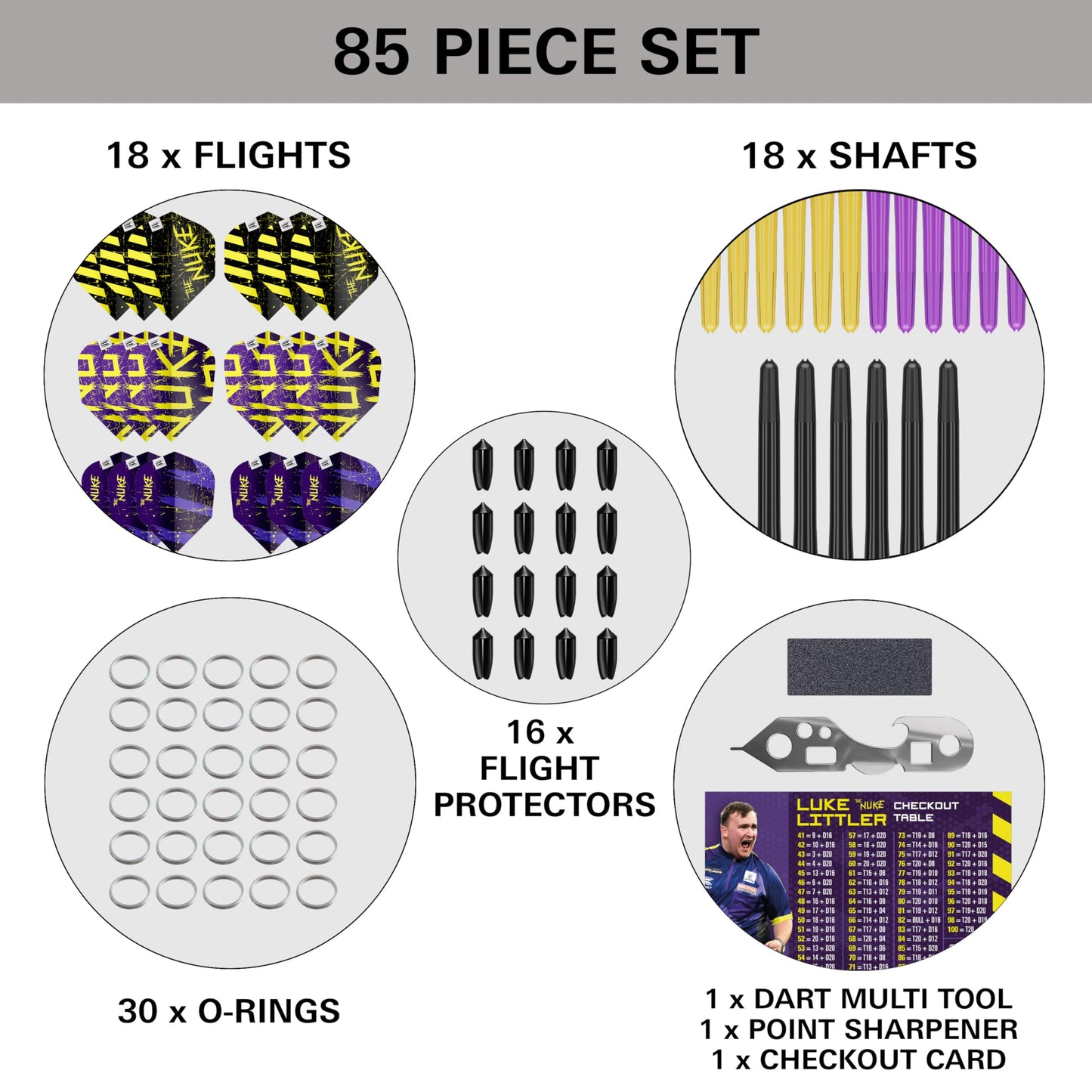 Target Darts Luke Littler Dart Accessories Set | The Nuke 85-piece Dart Set includes dart flights and protectors, shafts, flight protector, multi-tool, dart point sharpener, and steel.