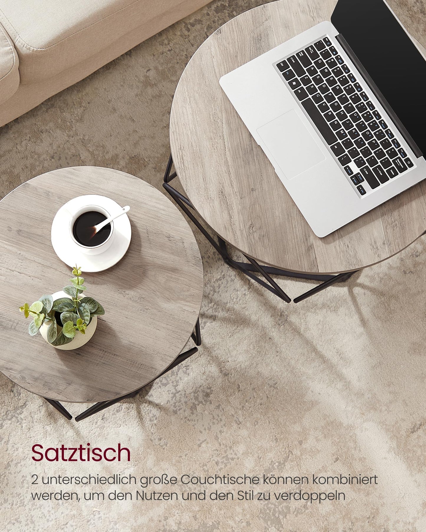 VASAGLE round coffee table, set of 2, living room table, side table, vintage flair, removable tabletop, for living room, greige-ink black LET040B02