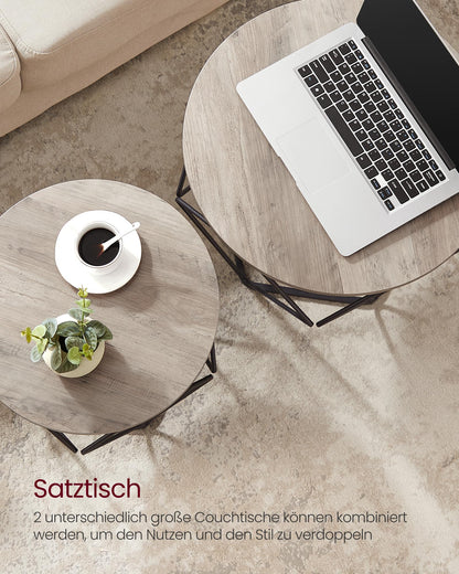 VASAGLE round coffee table, set of 2, living room table, side table, vintage flair, removable tabletop, for living room, greige-ink black LET040B02