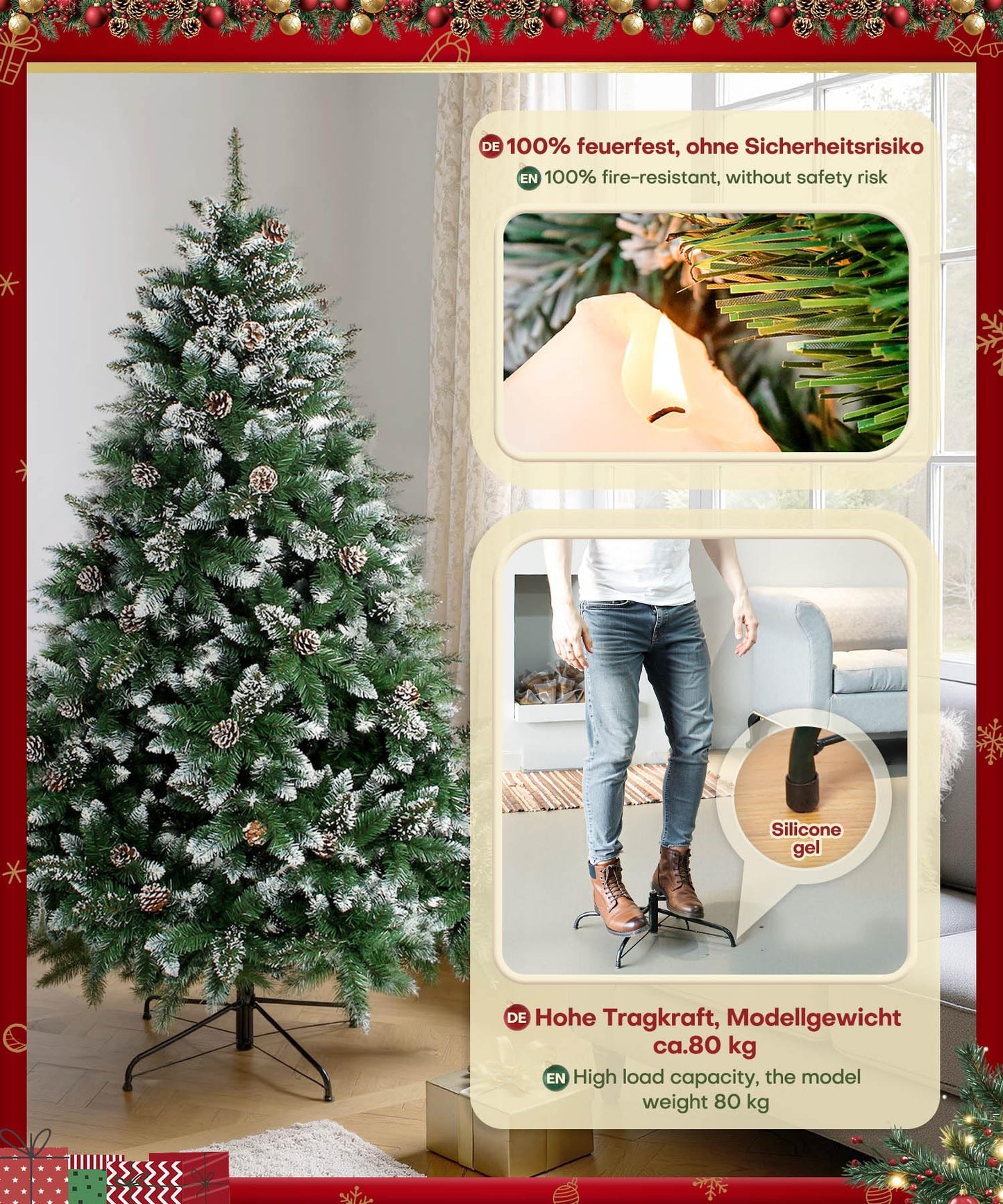 Yorbay artificial Christmas tree Pine tree with stand 120cm-240cm for Christmas decoration Reusable (Christmas tree with snow, 180cm)