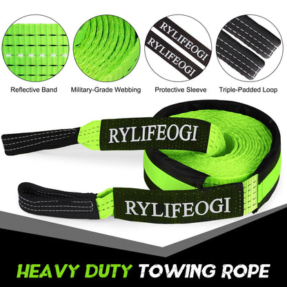 RYLIFEOGI Tow Rope 10 Tons (22,000Lbs), 5mx5cm Heavy Duty Tow Strap with 2 Reinforced Hooks 2 Gloves for Off-Road Vehicles (Green)
