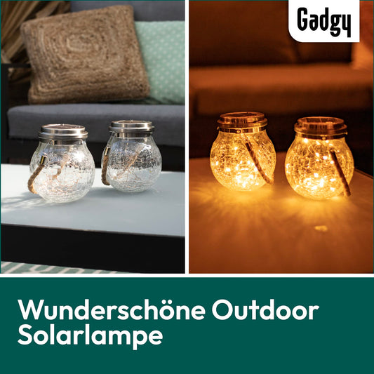 Gadgy Solar glass balls for hanging, set of 2, solar lantern for outdoors, decorative hanging lantern with LED string lights, stylish decor for garden, balcony, or terrace.