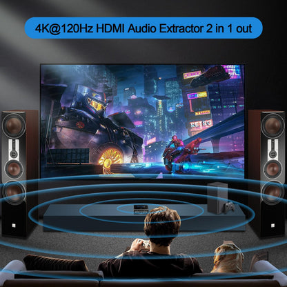 8K@60Hz 4K@120Hz HDMI2.1 Audio Extractor 2 in 1 Out, 48 Gbps, HDCP 2.3, SPDIF 5.1Ch, L/R 2.1Ch, Supports ARC TV Apps, VRR, ALLM, HDCP Bypass, HDR, Vision Atmos, Soundbar, Graphics Card.