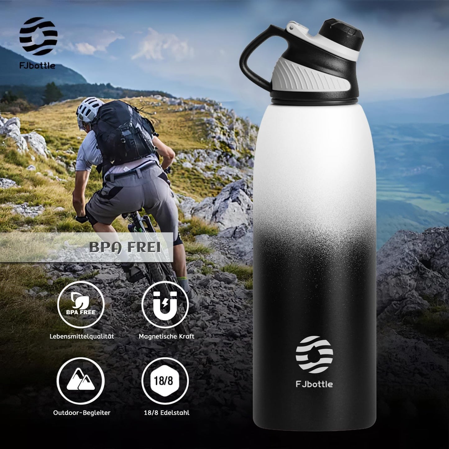 Fjbottle stainless steel sports water bottle with magnetic lid, available in 1L, 800ml, 600ml, and 400ml sizes. BPA-free, leak-proof for kids, and suitable for carbonated drinks. Also offering a 1500ml thermal water bottle for school and fitness.
