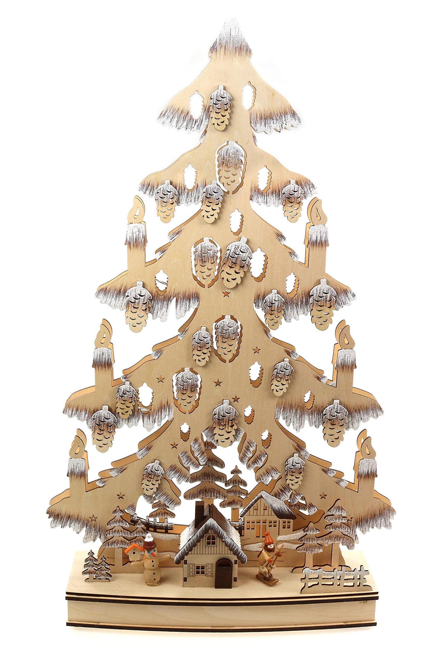 3D candle arch wooden cutout in the shape of a Christmas tree with lights & glitter. Height: 64cm, battery operated with timer function.