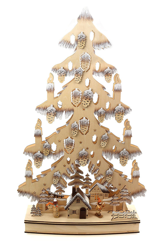 3D candle arch wooden cutout in the shape of a Christmas tree with lights & glitter. Height: 64cm, battery operated with timer function.