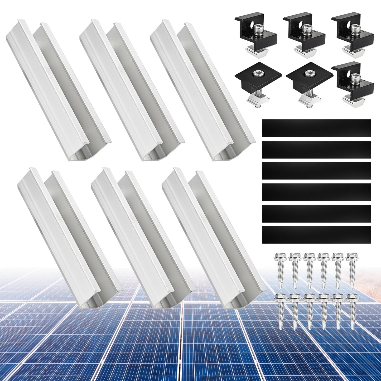 Philtool Solar Panel Mounting Kit, 12cm Aluminum Profile Rails and Accessories, Black Anodized, 30-35mm Adjustable Mount for Solar Panels, Panel Bracket for Flat Roof, Trapezoidal Roof, Sheet Metal Roof.