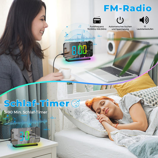 SZELAM Digital Alarm Clock, Radio Alarm Clock with Projection, 7.4" LED Radio Alarm Clock with Sleep Timer, 180° Rotatable Projector, 10-Color Nightlight, 11 RGB Color Digital Display, Digital Table Clock for Kids, Girls