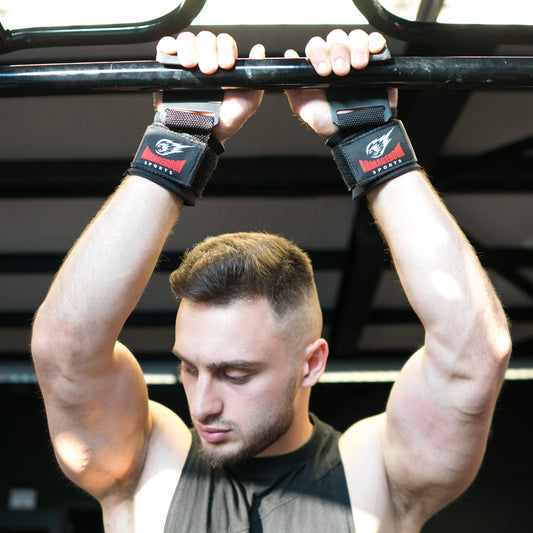 Lifting straps support strength training fitness hooks. Power metal hooks used for weightlifting. Wristbands made of neoprene and padded for deadlifts in the gym. Grip straps for added support.