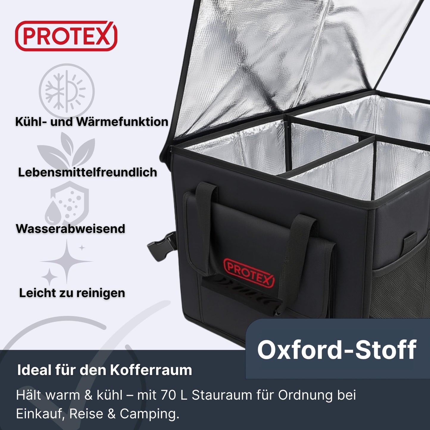 Trunk Organizer [Award winner 2025] by PROTEX® 70L Cooler Bag - Foldable trunk bag with lid - XXL trunk box with insulation for hot & cold - Practical & Waterproof (black)