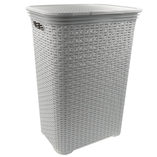 HRB laundry basket with lid made of 65 liters of rattan, plastic laundry storage, laundry sorter (gray)