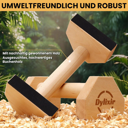 Push Up Bars made of wood for joint-friendly workouts. Perfect for calisthenics and home fitness. Ideal for handstands and push-ups.