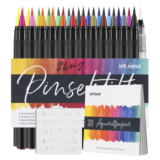 int!rend 24 watercolor pencils brush pens - Brush Pen Set - 2 water brush pens - 20 sheets of watercolor paper 5 stencils - watercolor markers - brush pens for adults