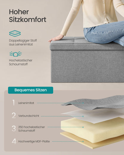 SONGMICS Storage Ottoman, Folding Bench, 38 x 110 x 38 cm Footrest, Storage Box, holds up to 300 kg, for Living Room Bedroom Hallway, Grey LSF77G