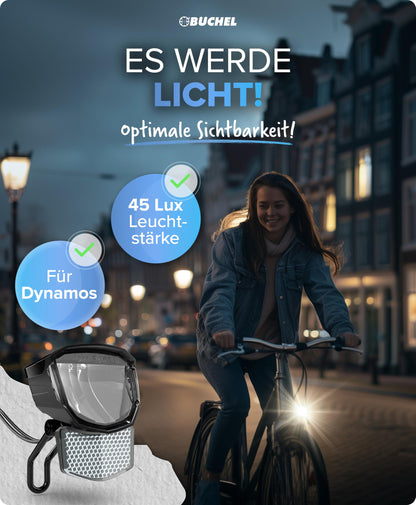 BÜCHEL Tour Dynamo Lamp with stand light and StVZO approval | 45 LUX front bike lamp, LED stand light, bike headlight, LED front bike light, Black