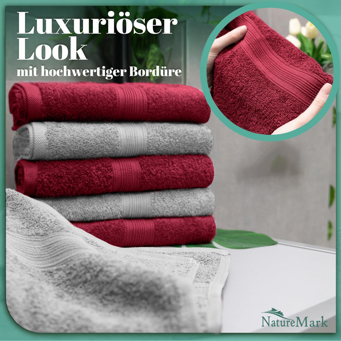 NatureMark 8-pack towels, 100% cotton, 50 x 100 cm, towel set Silver/Bordeaux.