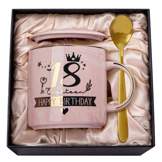 18th Birthday Girl, Happy 18th Birthday, 14oz coffee mug with gold print, Funny gifts for 18th birthday girl daughter, With lid, greeting card, gold spoon, gift box.