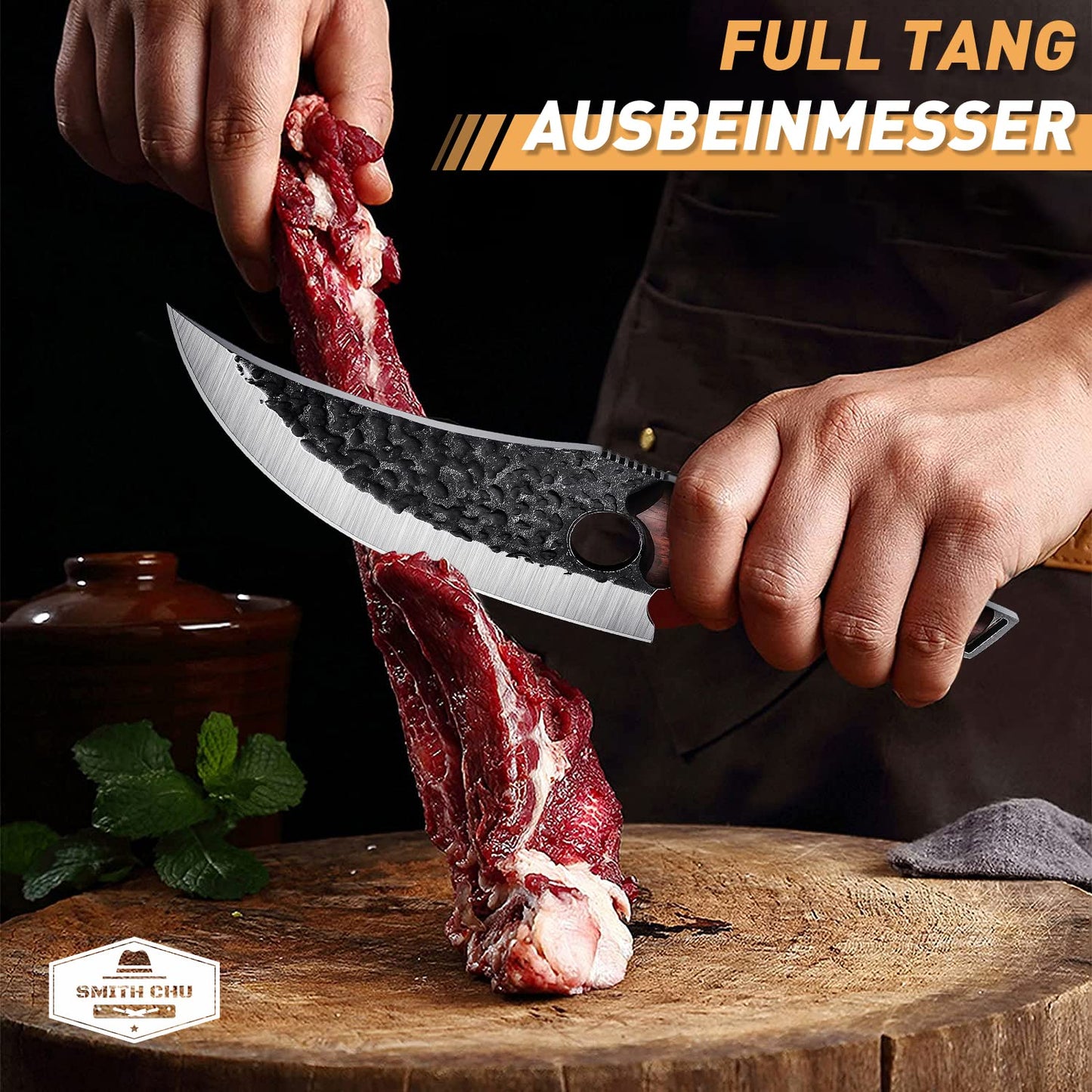 SMITH CHU hand-forged boning knife with leather sheath. Professional kitchen knife, portable camping knife, high carbon steel butcher knife. Full tang multipurpose BBQ tool for home and outdoor use.
