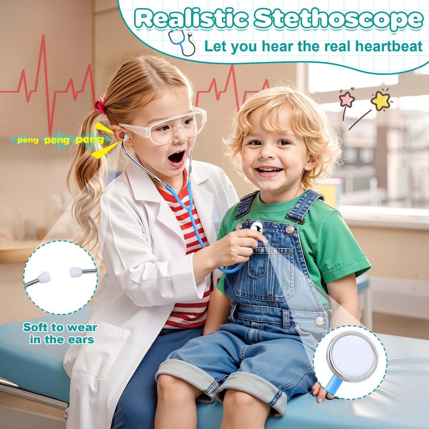 Peradix Doctor Kit for Kids 3 years and up - 39-piece wooden doctor's playset with real stethoscope, doctor's coat, thermometer, and portable bag. Perfect gift for kids aged 3, 4, 5, and 6.