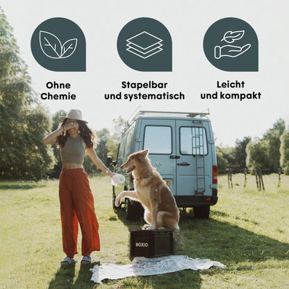 BOXIO - Toilet Max+: Camping toilet complete set, mobile dry separation toilet without chemicals for camping, van, outdoor, rooftop tent. Toilet on Eurobox basis without electricity for on the go, black, 40x30x28.