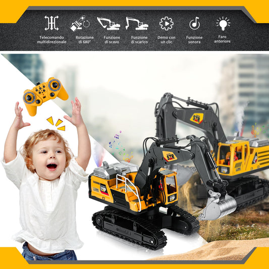 FUYLEY Remote Control Toy for Boys, Metal Shovel for 14K RC Excavator, 2.4 GHz with Sound Spray, Construction Toy RC 680° Rotation for Boys Gift