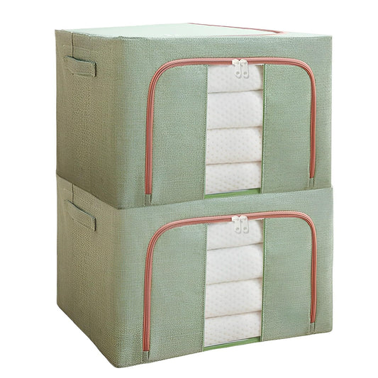 Mehrido Foldable Clothes Storage with Zipper, Metal Frame - 2 pcs 66L Stackable Clothes Bins - Storage Bag for Clothing Bedding Blankets Comforters (50x40x33 cm) (green)