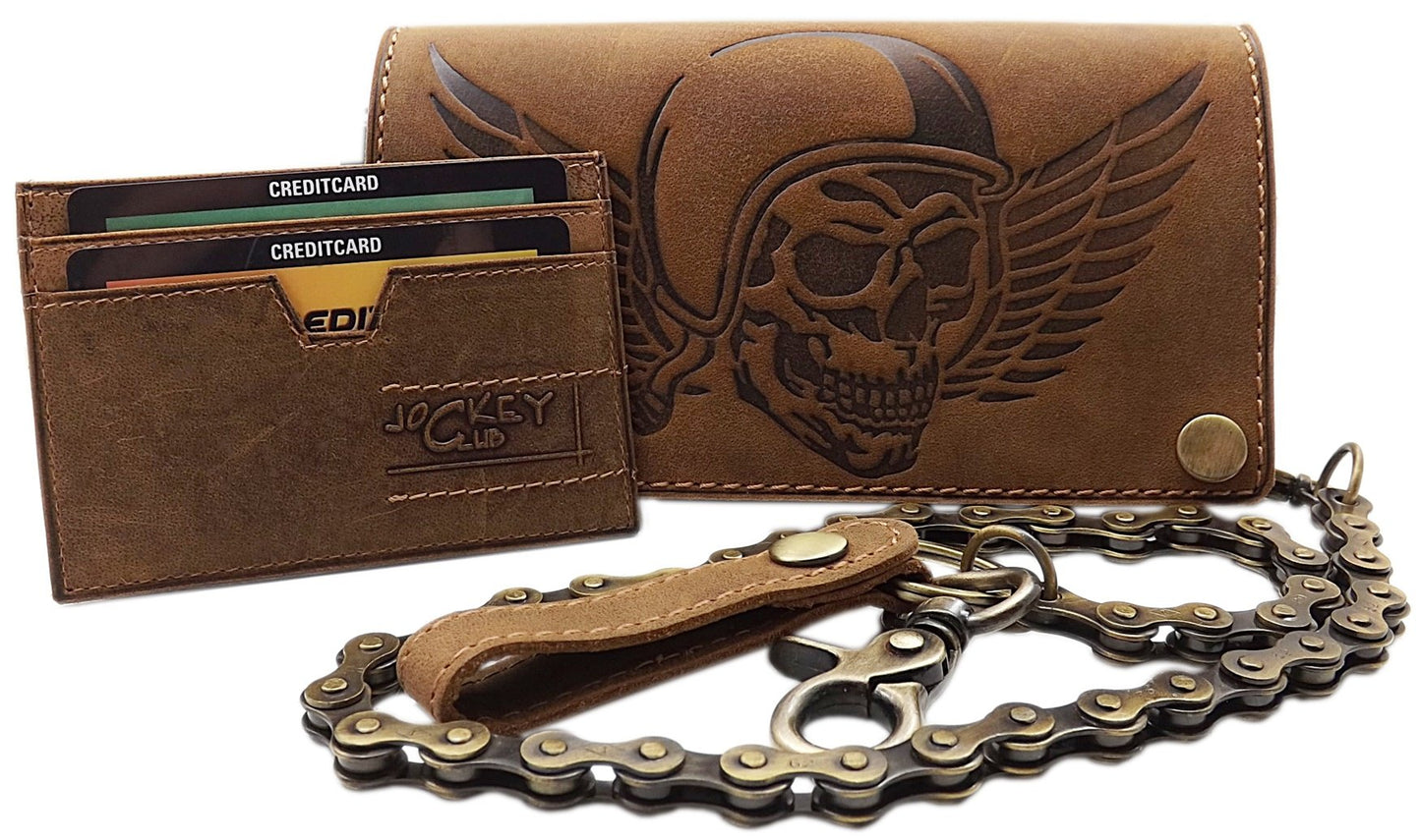 myleathershop Genuine buffalo leather vertical biker wallet with metal chain and skull motif, removable card holder with RFID & NFC protection in brown.
