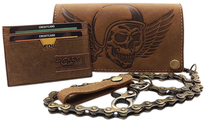 myleathershop Genuine buffalo leather vertical biker wallet with metal chain and skull motif, removable card holder with RFID & NFC protection in brown.